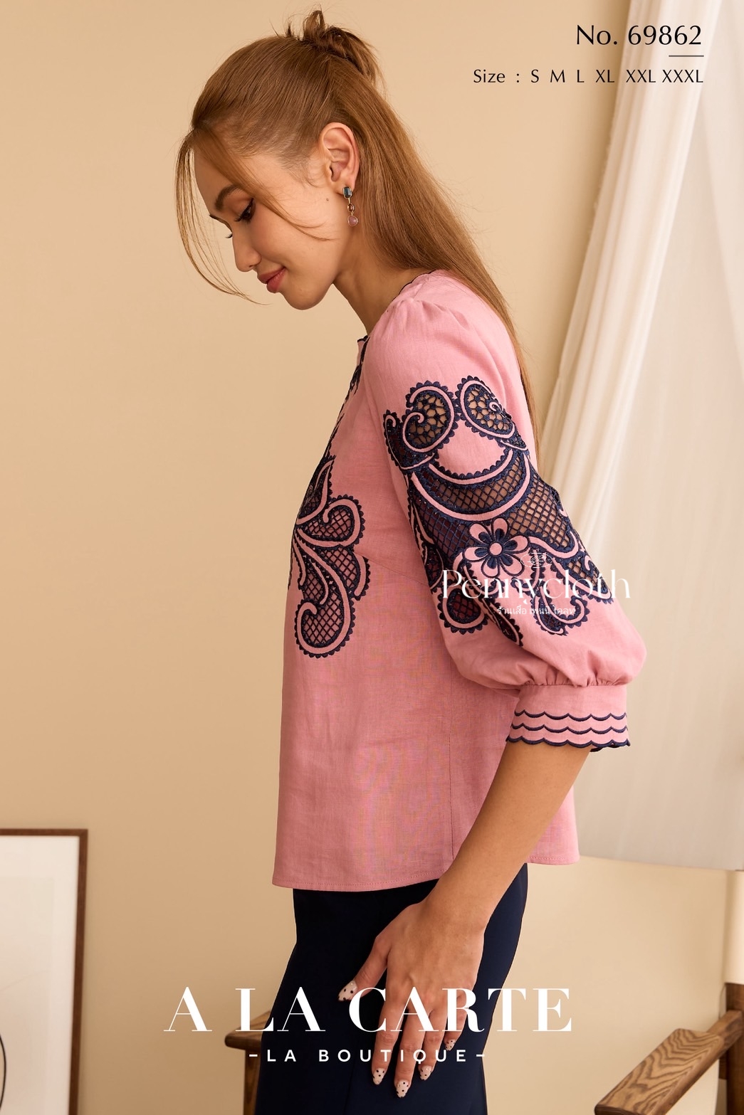69862 เสื้อ A La Carte ลินินผสมคอตตอน งานปักฉลุ มีซับ เนื้อดีใส่สบาย by PENNY CLOTH