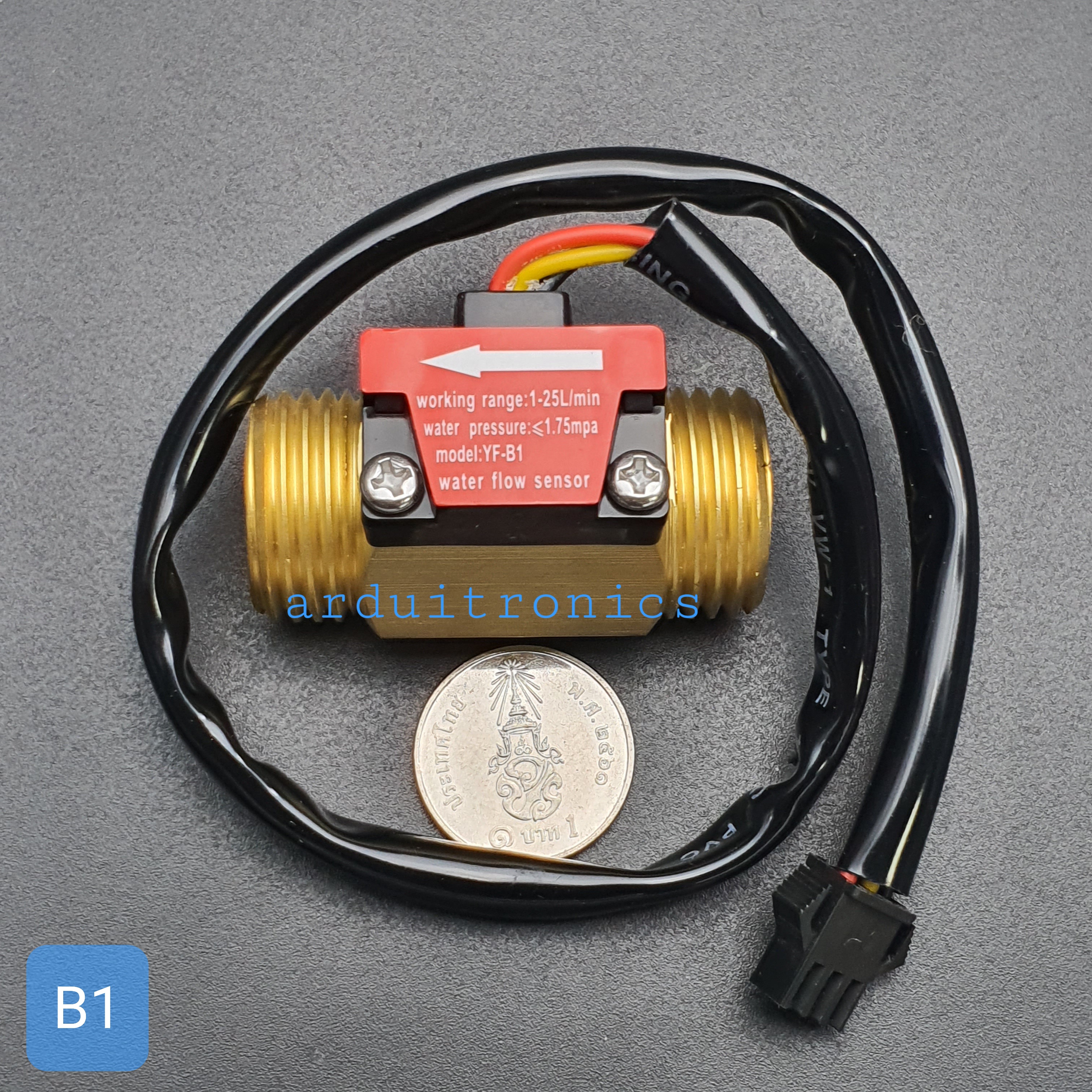 B1 เซ็นเซอร์วัดอัตราการไหลของน้ำ ทองแหลือง 1/2นิ้ว 4หุน Water Flow sensor 1-25L/min Size 44 mm