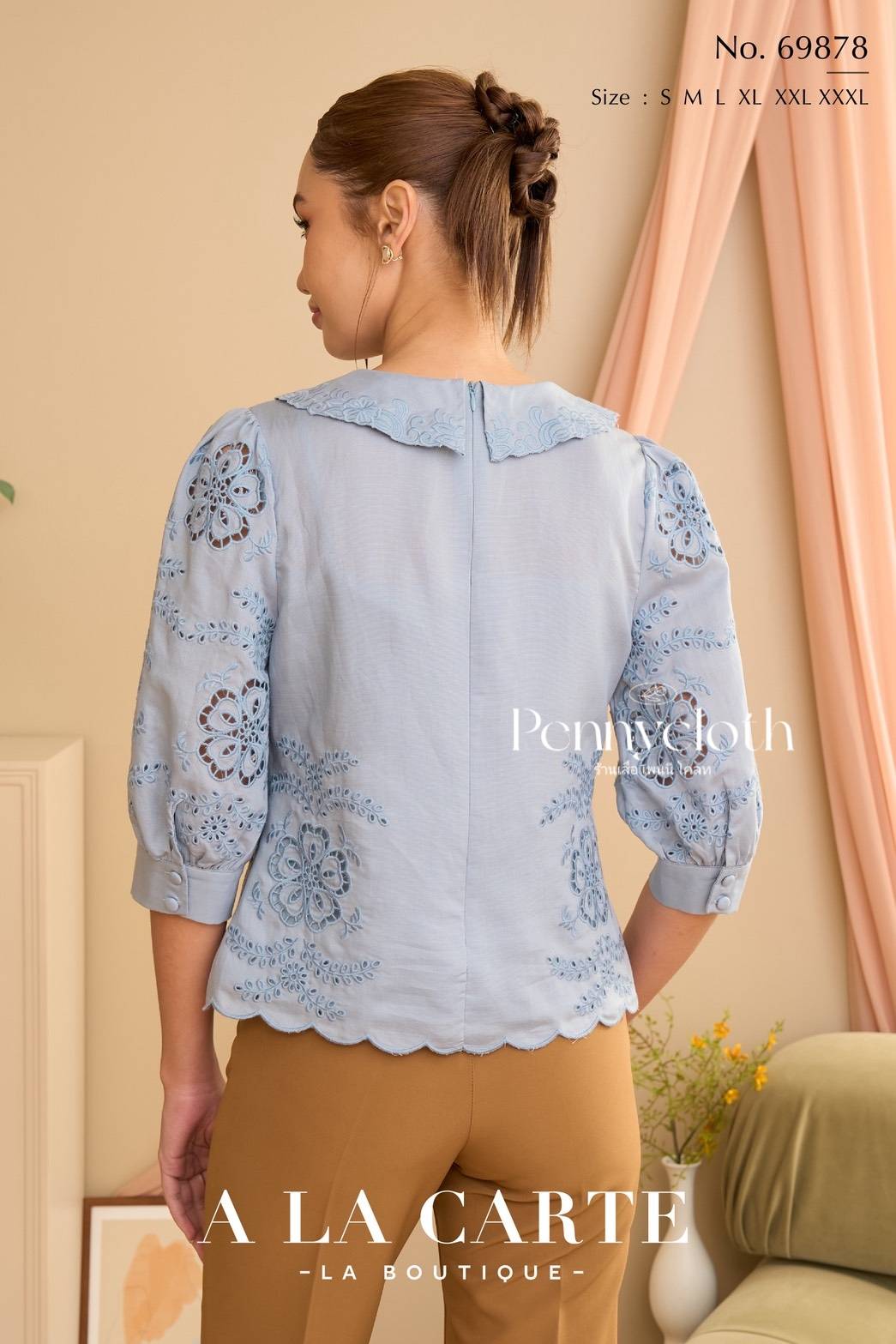 A La Carte รหัส 69878 เสื้อลินินซิลด์ คอปก งานปักฉลุ มีซิปหลัง