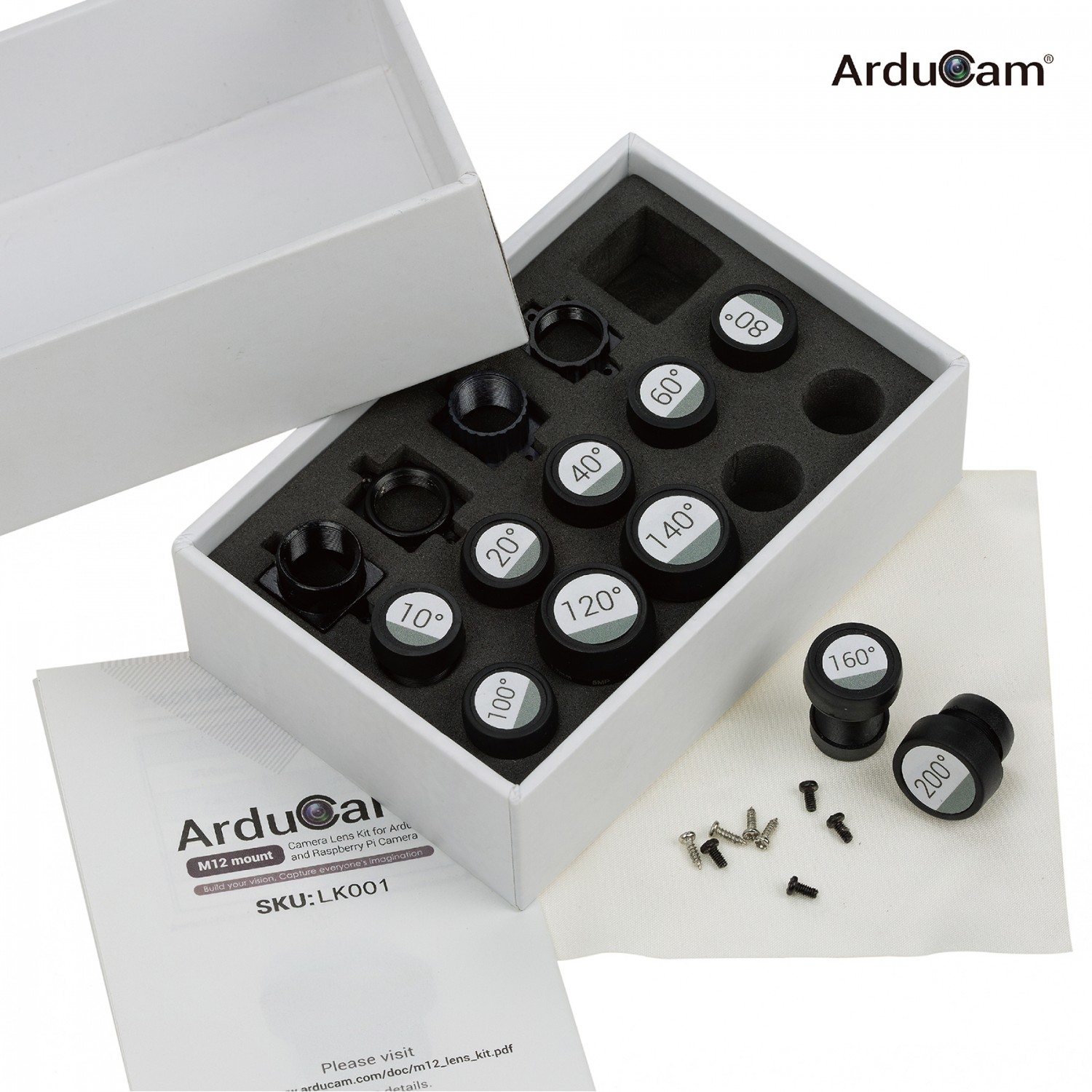 Arducam M12 Lens Set, Arducam Lens for Raspberry Pi Camera (1/4') and Arduino, Telephoto, Macro, Wide Angle, Fisheye Lens Kit (10°- 200°) with M12 Lens Holder and Cleaning Cloth, Optical All-in-One
