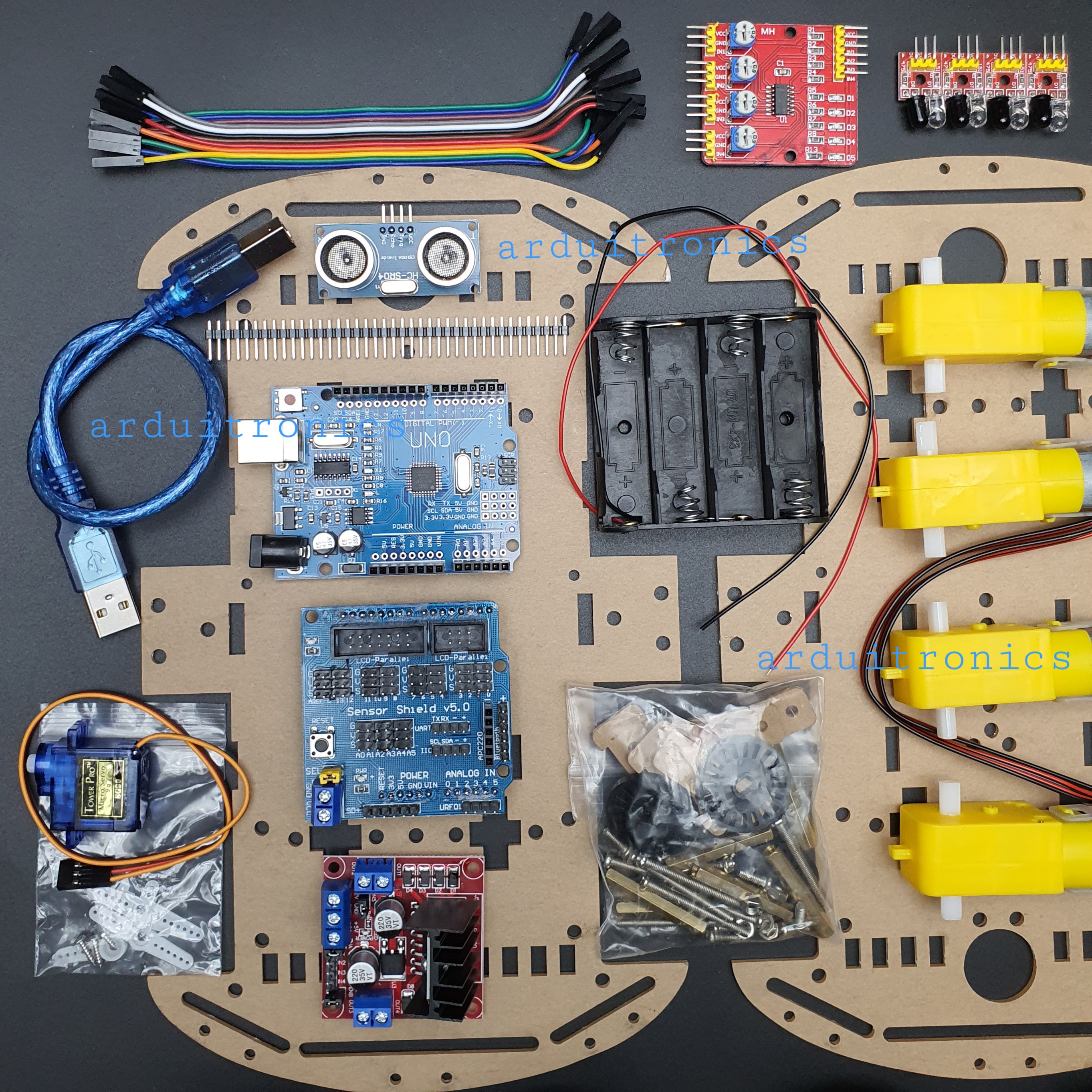 ชุด Arduino Smart Car Robot Kit 4 ล้อ (4WD) รถหุ่นยนต์หลบหลีกสิ่งกีดขวางและเดินตามเส้นครบชุด Smart Car Kit