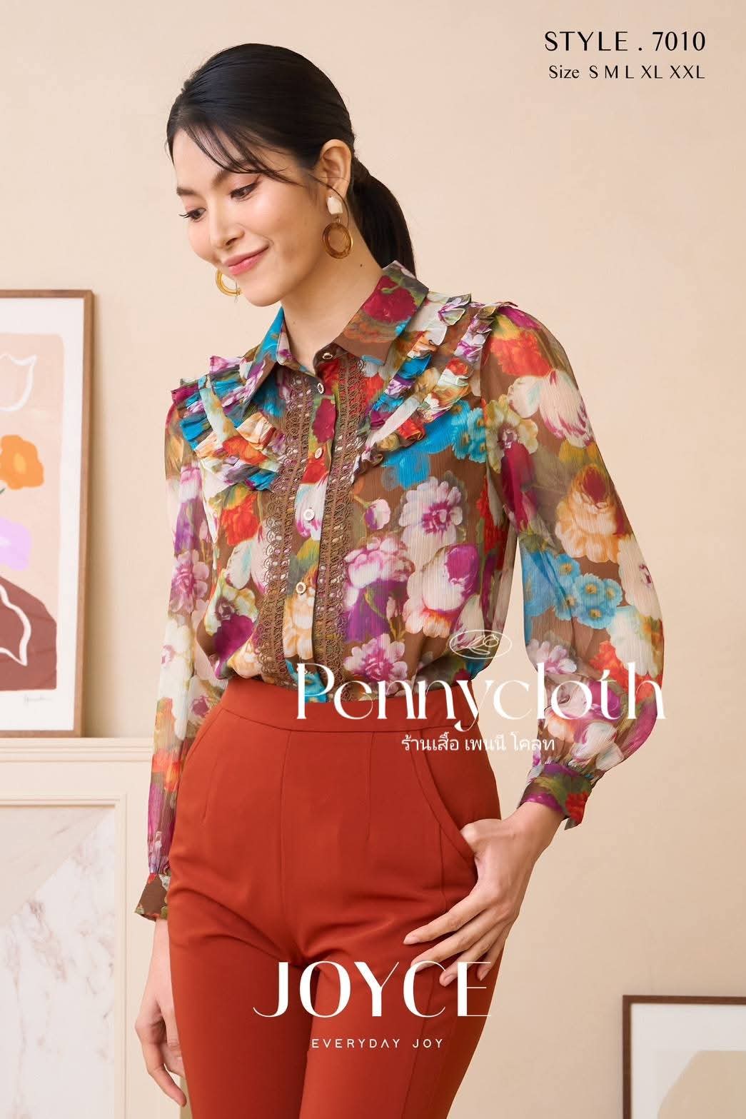 7010 เสื้อเชิ้ต Joyce ชีฟองพิมพ์ลาย แต่งทริมลูกไม้ กระดุมหน้า ซับในเย็บติด by PENNY CLOTH