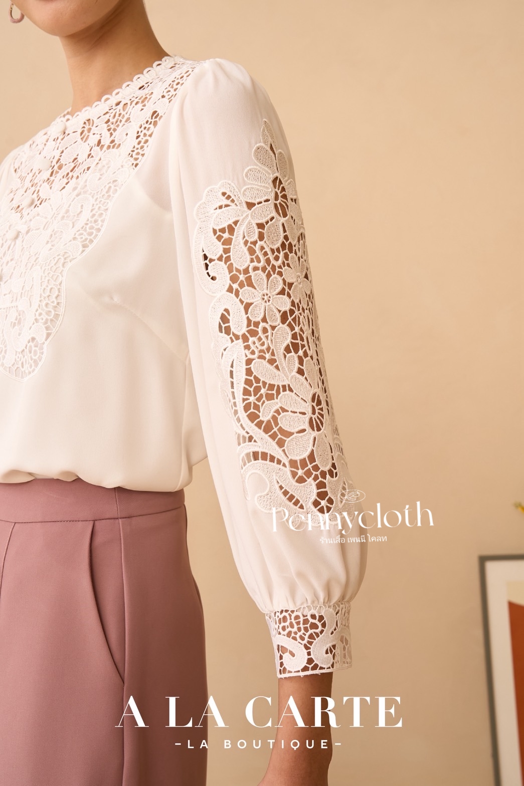 69897 เสื้อ A La Carte เสื้อชีฟองแต่งลูกไม้เนื้อทอ ช่วงอก และแขน by PENNY CLOTH