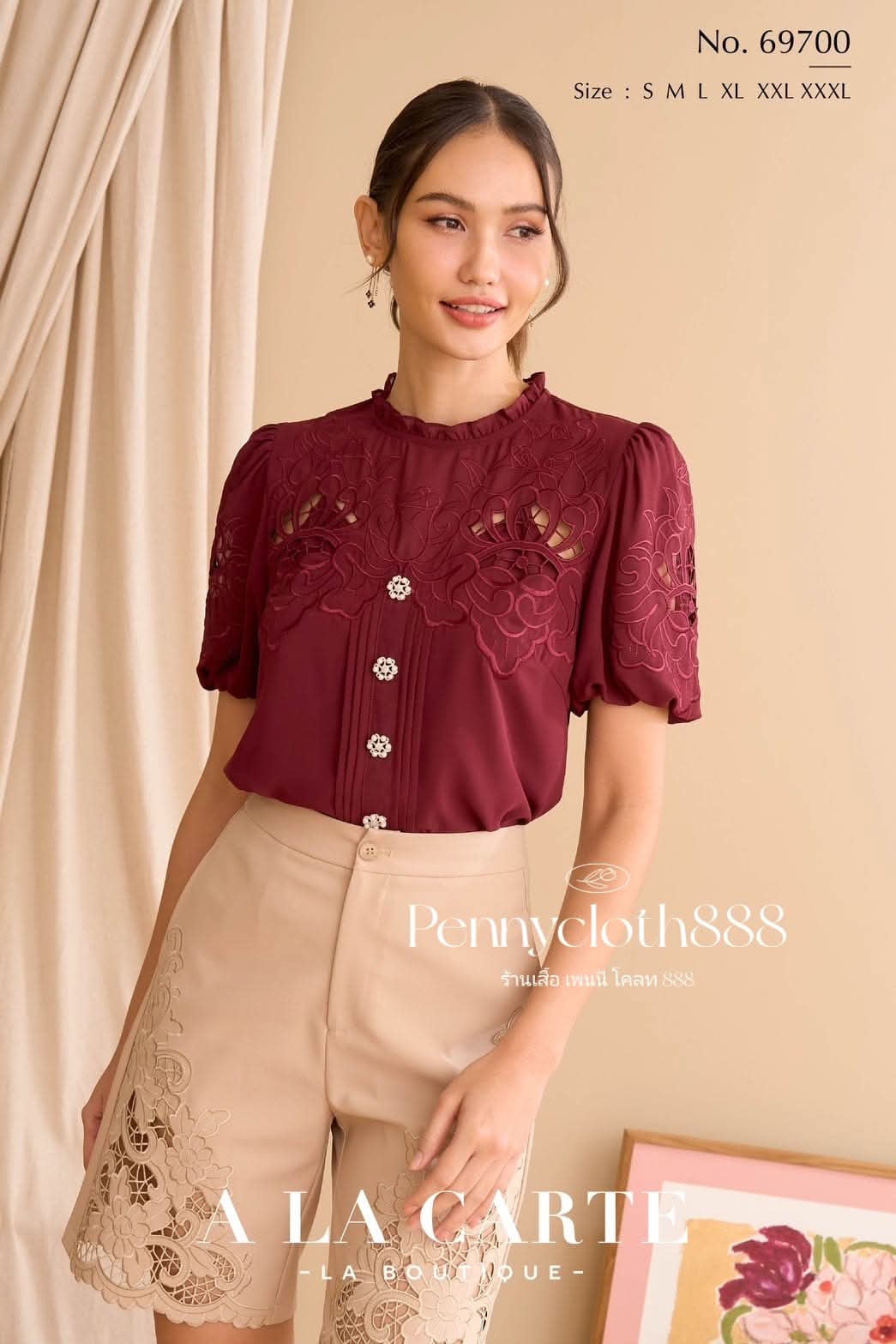 69700 เสื้อ A La Carte ชีฟอง งานปักฉลุ แต่งกระดุมเพชร คอกลม แขนสั้น มีซับ by PENNY CLOTH