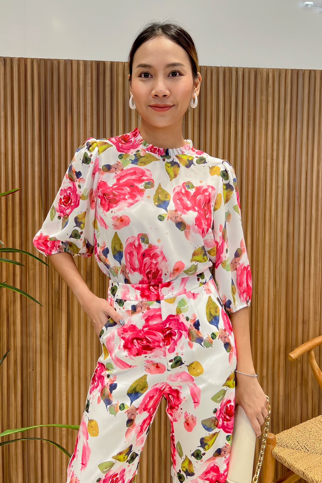 JS0059B 👛🌹A la carte🛍ชุดเซทเสื้อจอร์เจีย กางเกงพิมพ์ลาย ใส่สบาย แขน 3 ส่วน กางเกง5 ส่วนทรงกระบอก 🍀สีม่วง XL