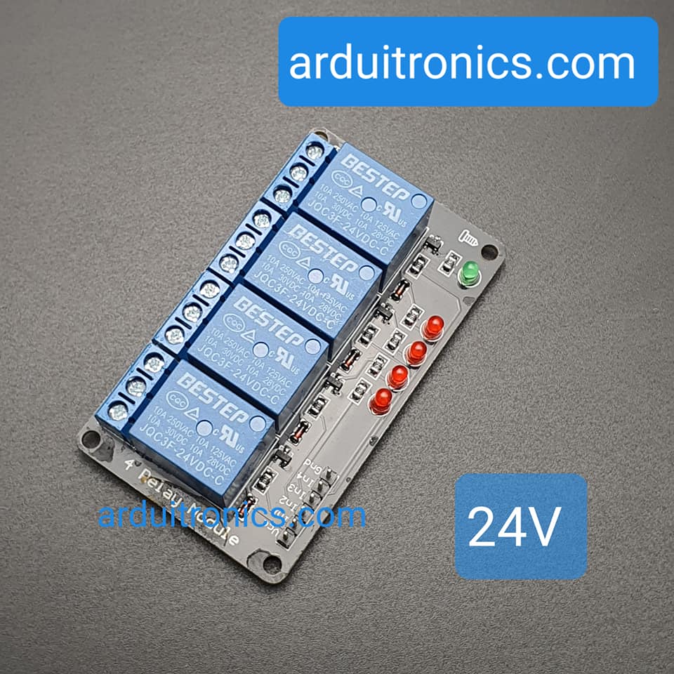 24V 4 Channel Relay Low-Level Trigger Relay Module (with LED - PCB สีดำ มีช่องสกรูให้ยึด)