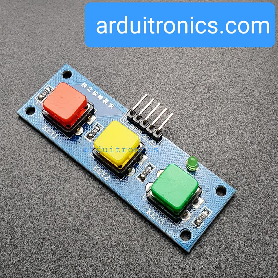 โมดูลสวิตช์กดติด/ปล่อยดับ 3 ปุ่ม 3 สี + LED สำหรับ Arduino (ปุ่มสี่เหลี่ยม)