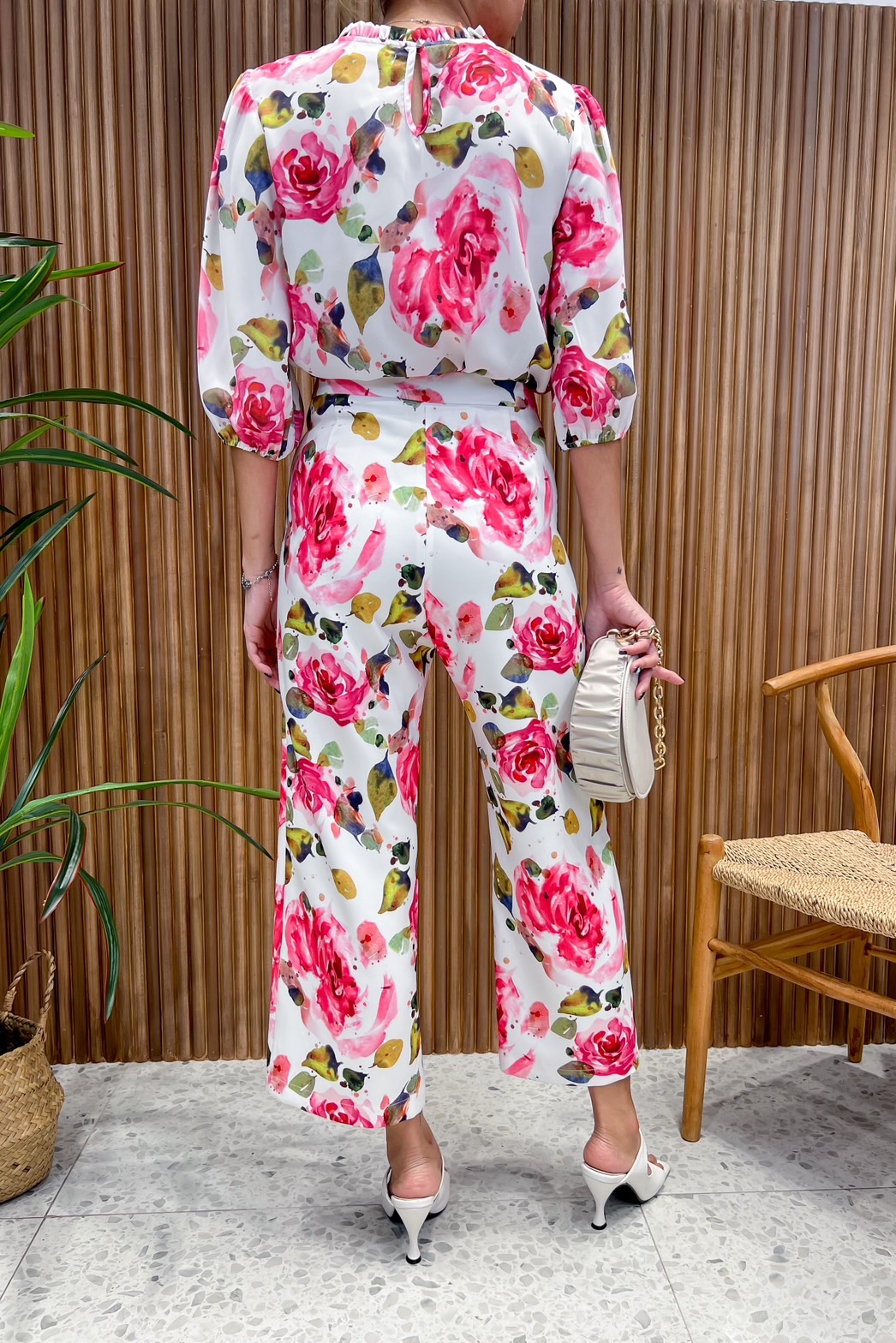 JS0059B 👛🌹A la carte🛍ชุดเซทเสื้อจอร์เจีย กางเกงพิมพ์ลาย ใส่สบาย แขน 3 ส่วน กางเกง5 ส่วนทรงกระบอก 🍀สีม่วง XL