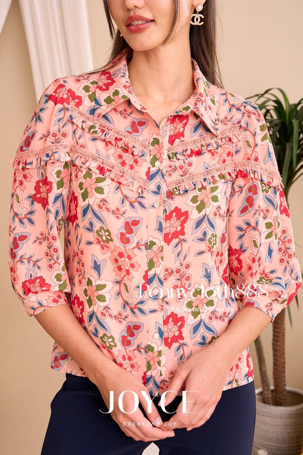 6997 เสื้อเชิ้ต Joyce ชีฟองพิมพ์ลายดอก แต่งทริม กระดุมหน้า มีซับใน แขน 3 ส่วน by PENNY CLOTH 888