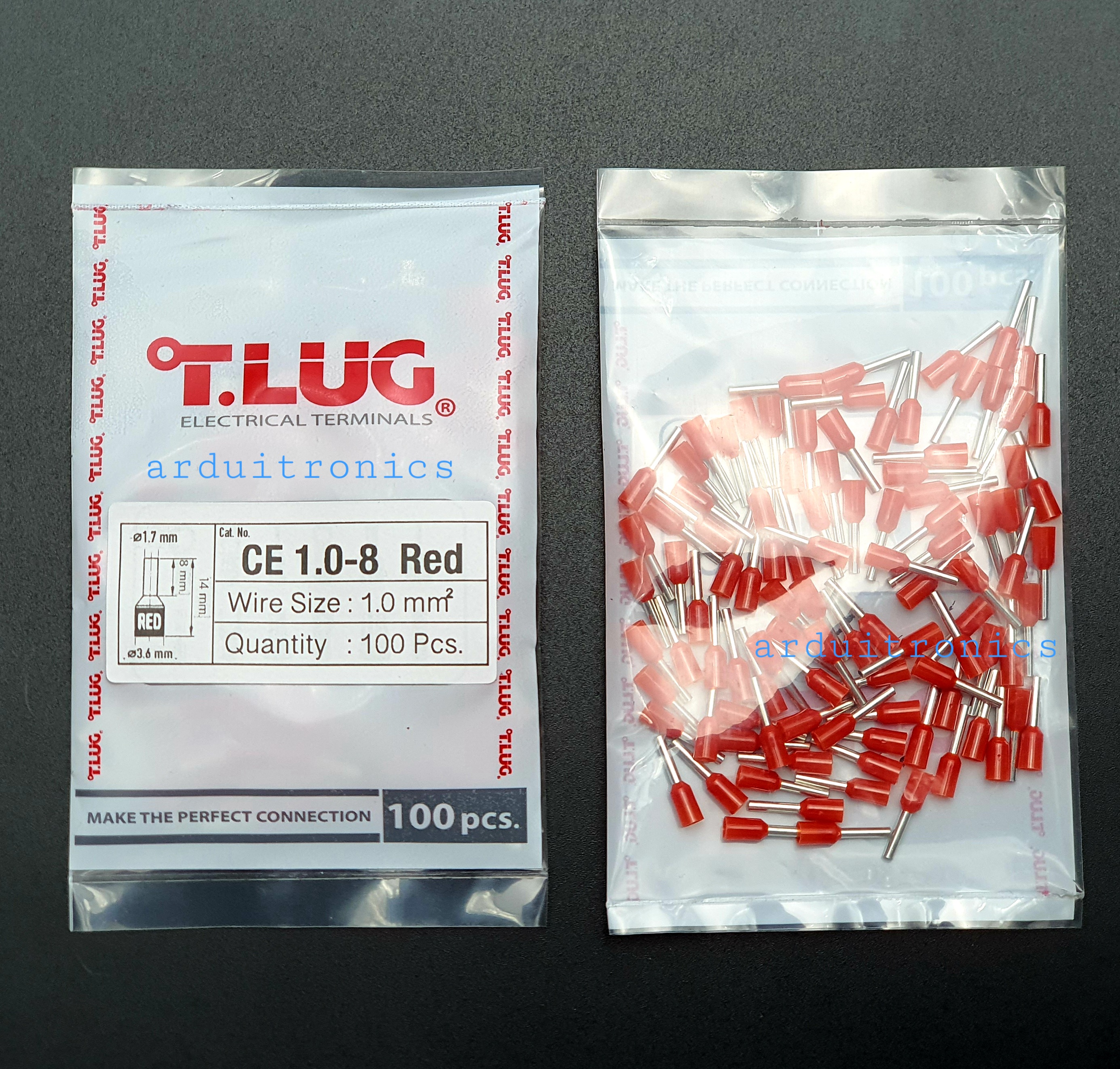 ข้อต่อย้ำปลายสาย แบบเดี่ยวหุ้ม สีแดง T.LUG: Cord-End Sleeves CE 1.0-8 (ถุงละ 100 ชิ้น)