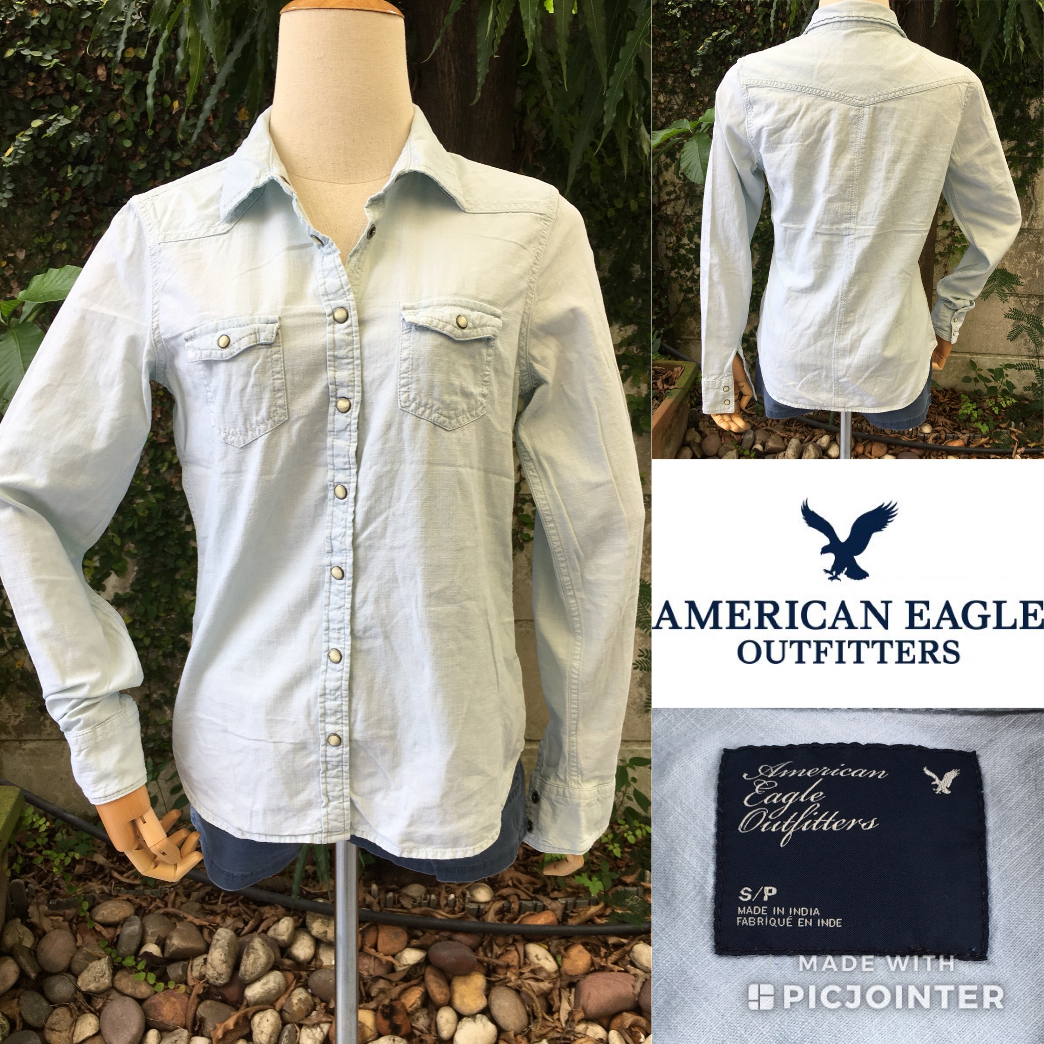 2sis1bro แบรนด์แท้ American Eagle Outfitters เสื้อเชิ้ตยีนส์ ฟอกซีดฟ้า มือสอง พร้อมส่ง sz S