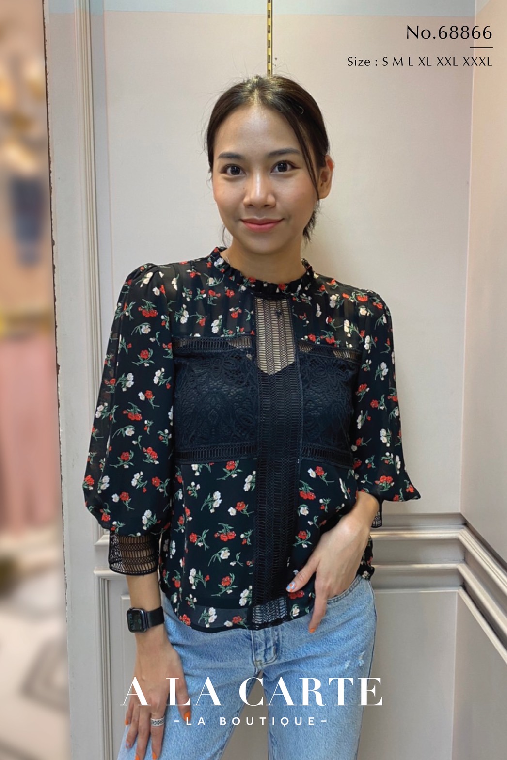 68866 เสื้อ A La Carte ชีฟองพิมพ์ลายดอก แต่งลูกไม้เนื้อบาง ช่วงอกตีเกล็ด ทรงแขน 3 ส่วน ขอบแขนลูกไม้ สีดำ M,XL-3XL