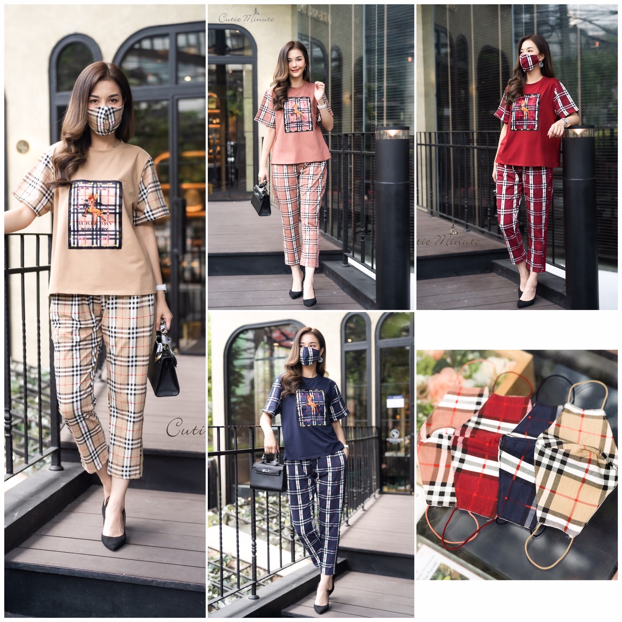 P0748🦄🌸ชุดเซ็ทผ้ายืดสแปนเด็กซ์ เสื้อ กางเกง อก 44" สไตล์เกาหลี มาพร้อมแมสก์ สีเบจ ชมพู กรม แดง