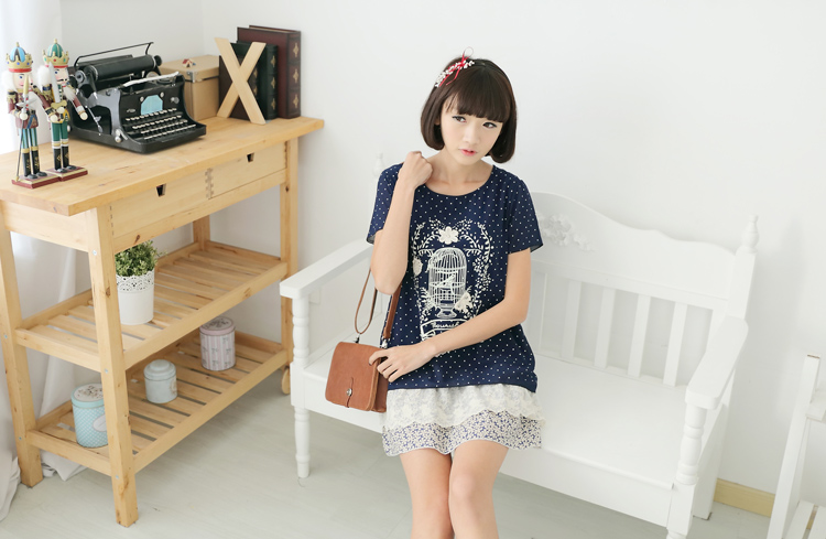 Pre-Order เสื้อผ้าลายจุด ลายกรงนกแบบวินเทจ ชายระบายลูกไม้ มีสี น้ำเงิน กับครีม