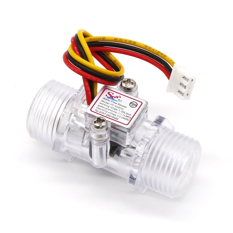 Water Flow Sensor 1-30L/min แรงดันไม่เกิน 1.75MPa ขนาดท่อ 1/4” (YF-S201C) แบบใส