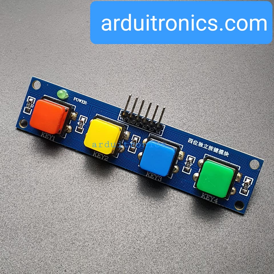 โมดูลสวิตช์กดติด/ปล่อยดับ 4 ปุ่ม 4 สี + LED สำหรับ Arduino (ปุ่มสี่เหลี่ยม)