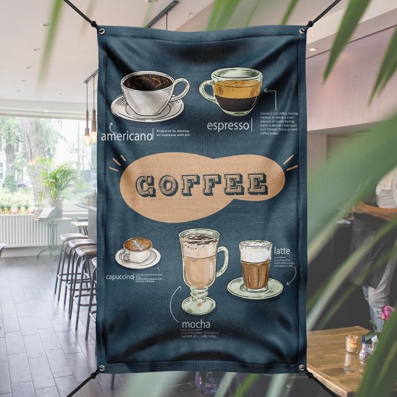 ป้ายผ้า กาแฟ (มีของแถม) ผ้าพิมพ์ลาย ทนแดด ทนฝน แบรนด์ไทย รับประกัน