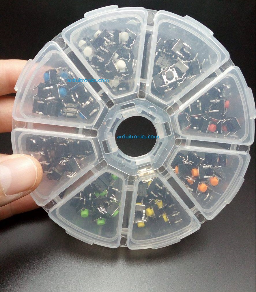Micro-Push Switch Button Set (รวม 160 pcs, ปุ่มแบบ 4 ขา 6x6x5mm มี 8 สีใน 1 ชุด)