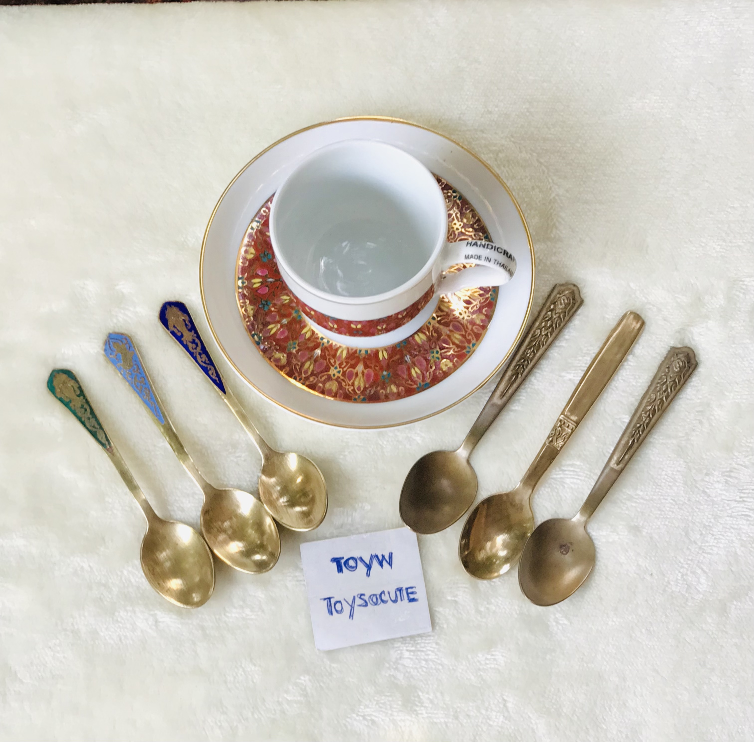 เริ่มต้นชุดละ 390 บาท Antique Brass ช้อนกาแฟทองเหลืองลงยา ช้อนขนมหวานทองเหลืองตอกลาย ขนาดยาว 10-11 ซม