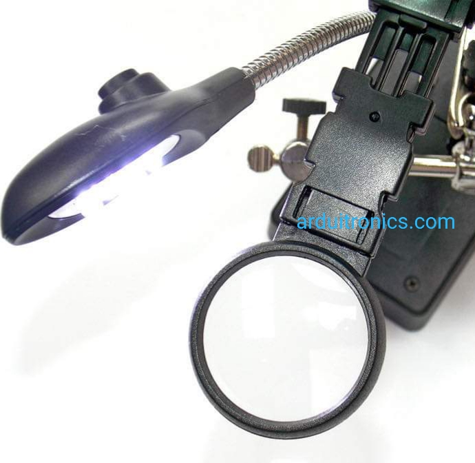 LED Third Hand Tool with Magnifying Glass ตัวช่วยจับแผ่นปริ๊น ที่จับแผ่นปริ๊น พร้อมแว่นขยายและที่วางหัวแร้ง