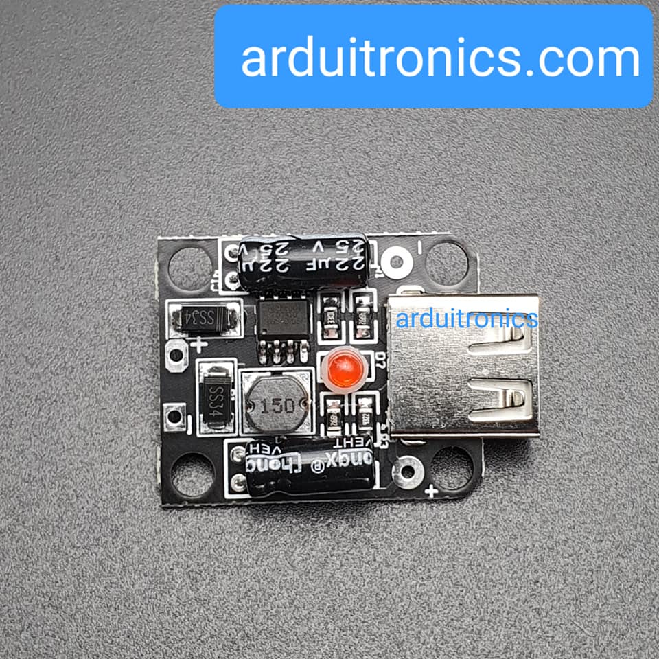 โมดูลแปลงไฟ Step Down 5-20V เป็น 5V แบบ USB กระแสสูงสุด 2A พร้อมกล่อง PCB สีดำ