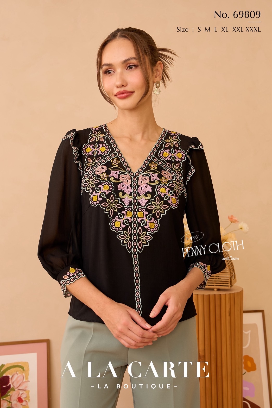 69809 เสื้อ A La Carte ชีฟอง งานปักมัลติคัลเลอร์ คอวี แขน 3 ส่วน มีซับใน by PENNY CLOTH