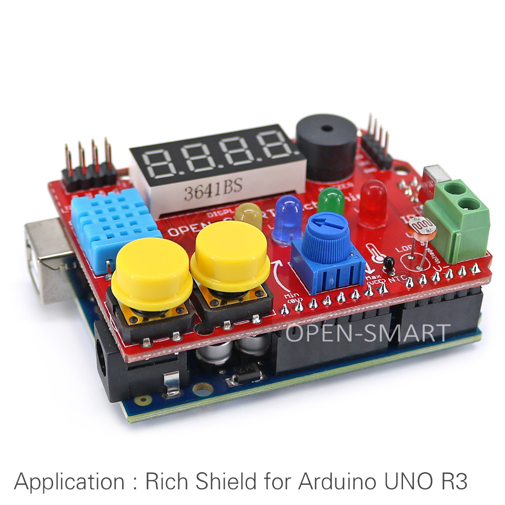 OPEN-SMART Rich Shield (Remote IR Control with receiver, LED, Buzzer, Buttons, Light Sensor, Temperature Sensor)