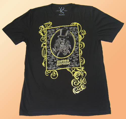 เสื้อยืดแขนสั้น ผ้าฟอกนิ่ม สีดำ Kustom Kullure ลายหมอผีในกรอบทอง sz L