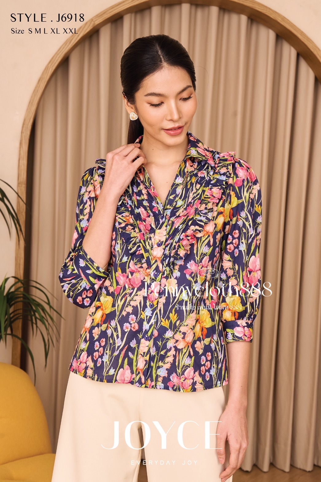 J6918 เสื้อเชิ้ต Joyce คอตตอนพิมพ์ลายดอก เนื้อนุ่ม กระดุมหน้า งานตีเกล็ด ใส่ระบาย แขน 3 ส่วน ไม่มีซับใน