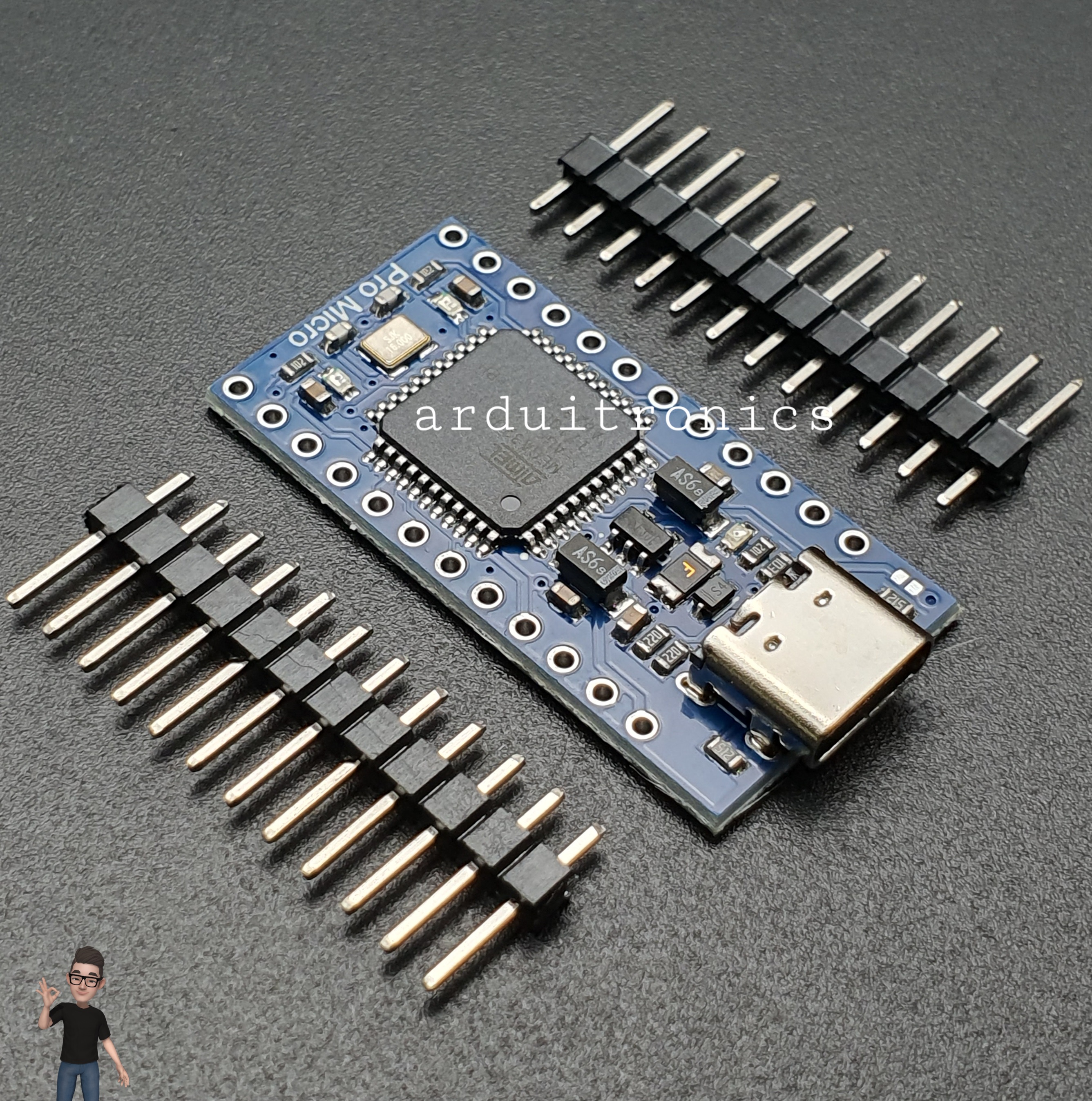 Arduino Pro Micro 5V/16MHz + Free Pin Header ( Type-C USB) ชิปใหญ่ PCB สีน้ำเงิน