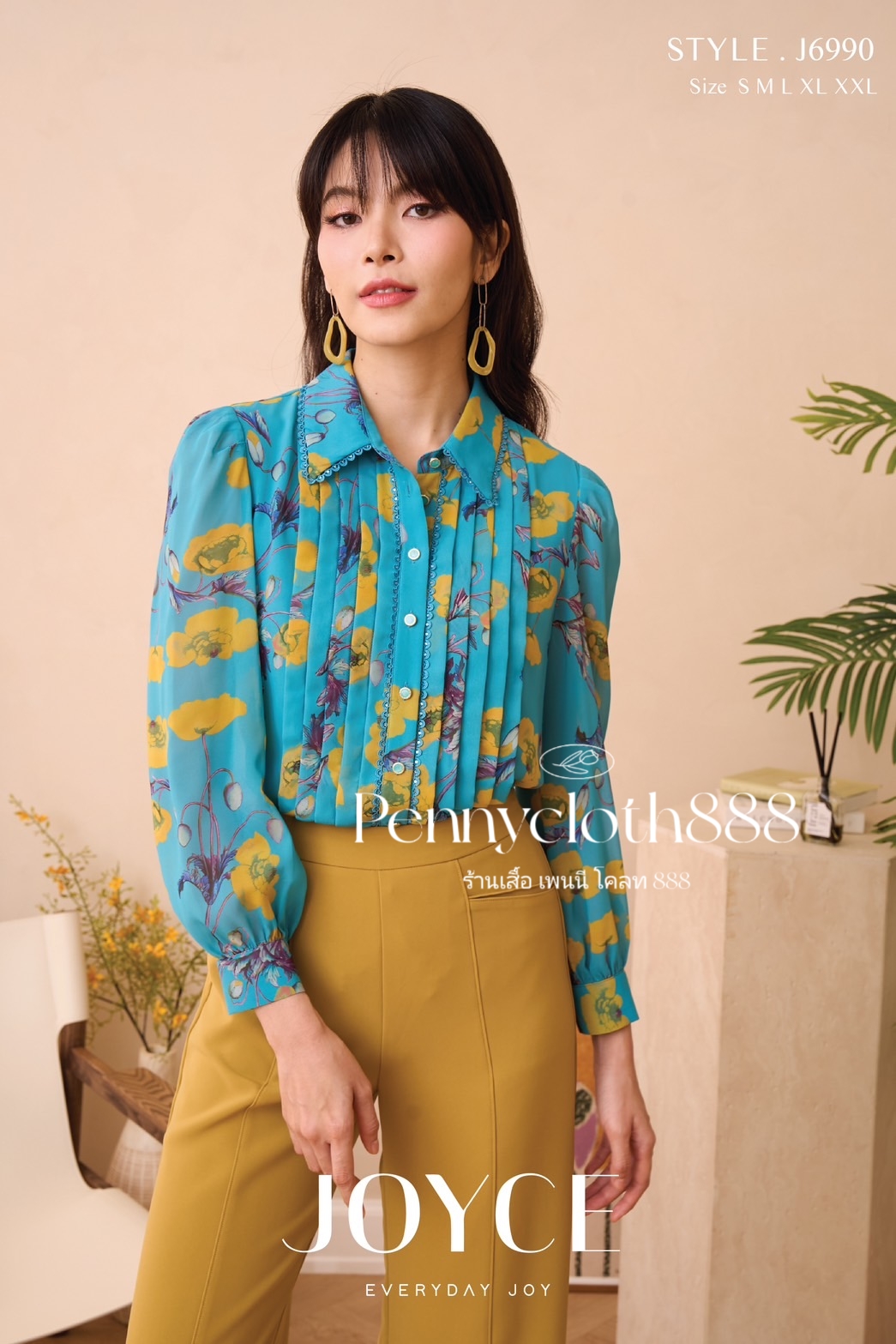 6990 เสื้อเชิ้ต Joyce ชีฟองพิมพ์ลายใหม่ ตีเกล็ด แต่งทริม มีซับใน by PENNY CLOTH 888