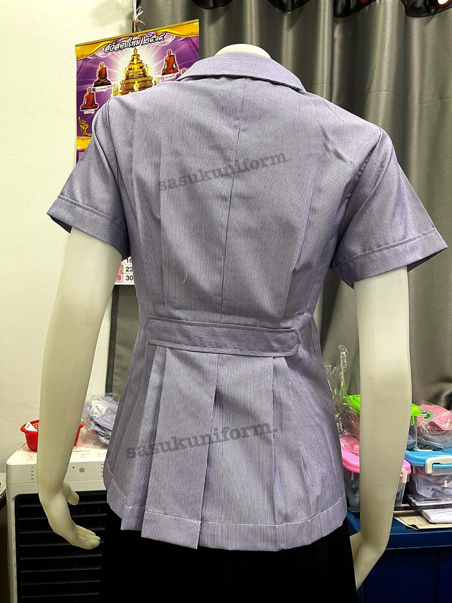 เสื้อริ้วม่วงขาว คอฮาวาย ปักกระทรวงสาธารณสุข ผู้หญิง