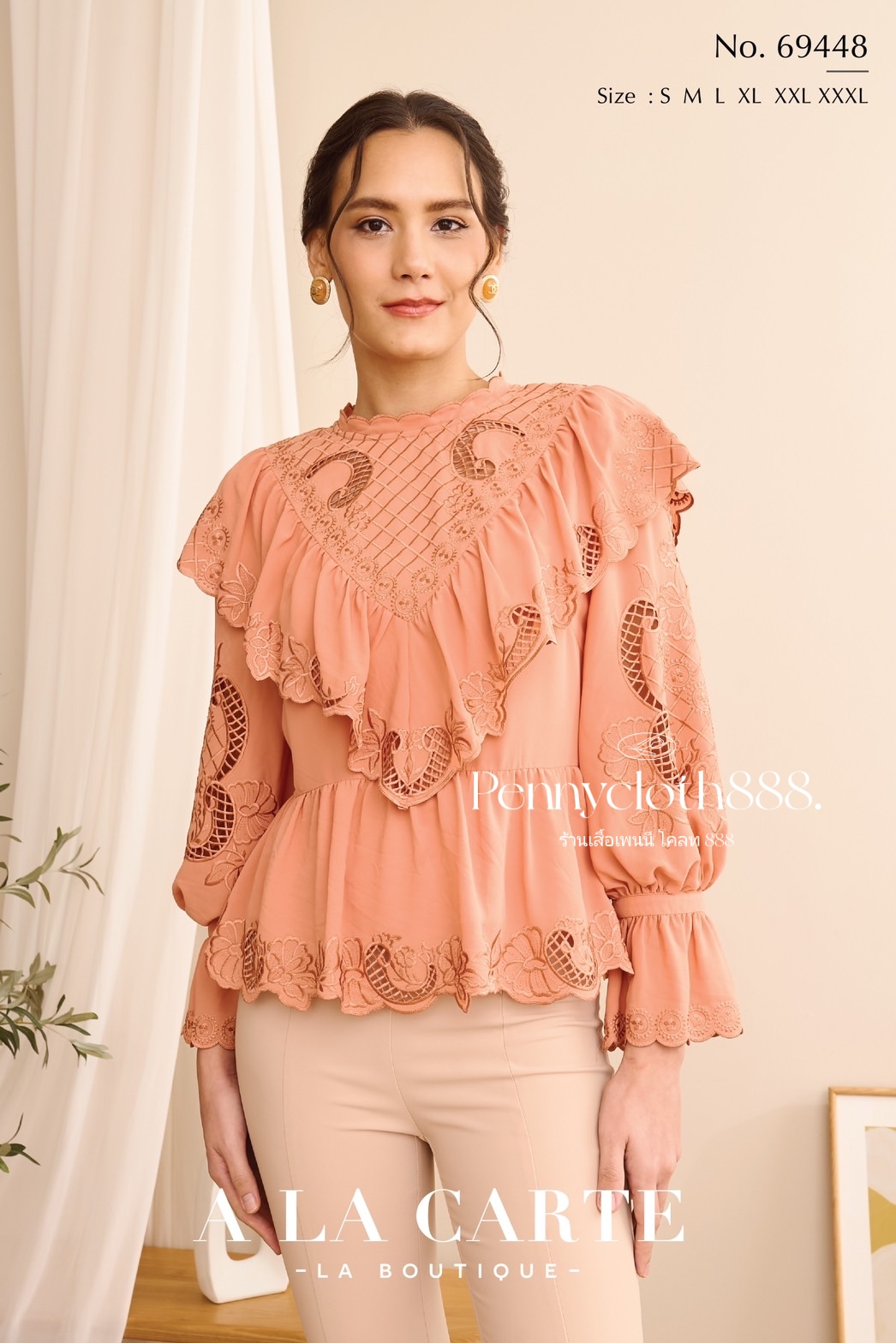 69448 เสื้อ A La Carte ชีฟองงานปักฉลุ ทอลูกไม้ แต่งวีระบายปักเลาะเชิง ทรงแขนพอง เสื้อตัดต่อช่วงเอวต่อระบายสีขาว S-L,2XL สีส้ม S-3XL สีกรมอมเทา S-3XL