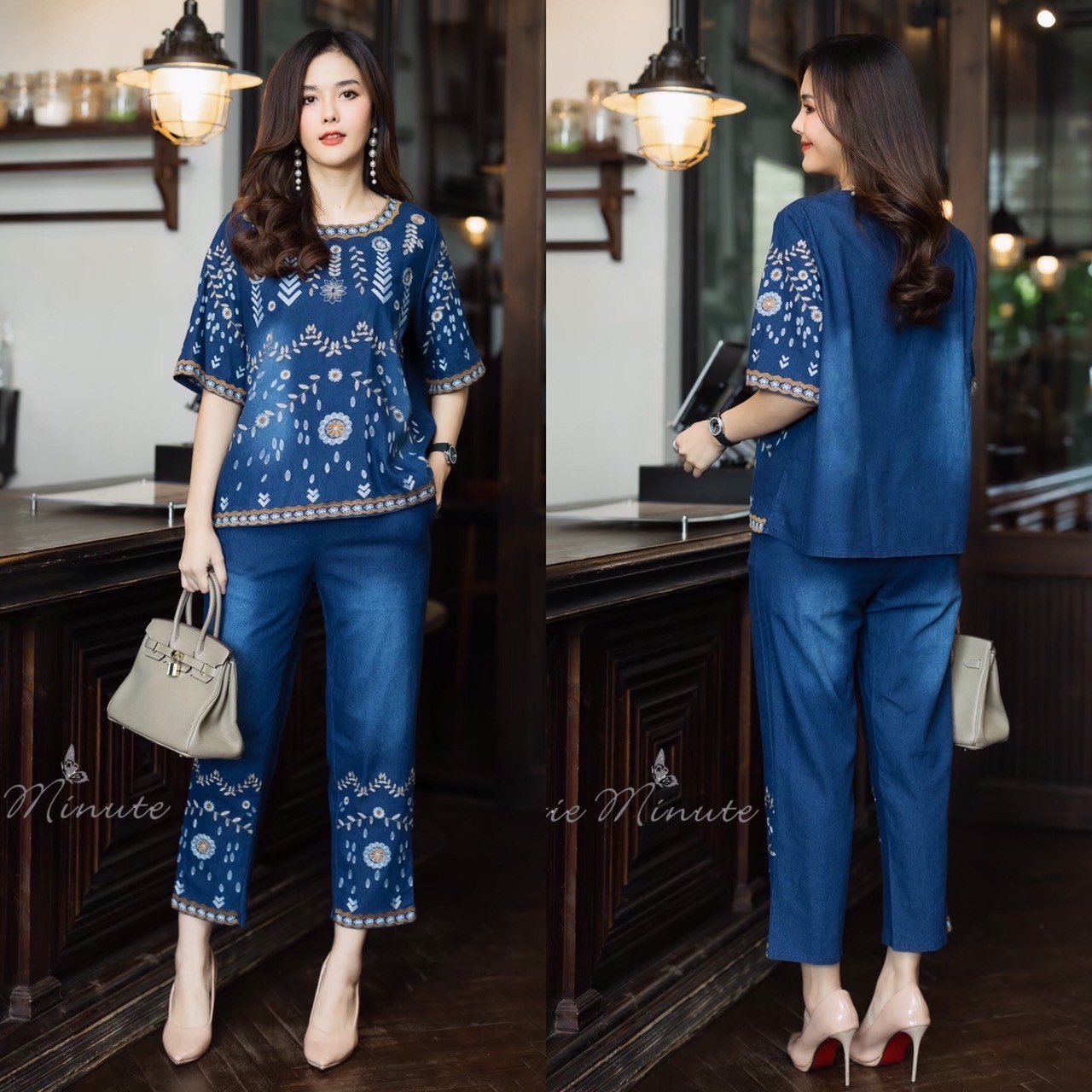 P8809🦋ชุดเซ็ทกางเกง (Set) ผ้ายีนส์\ฟอกทั้งตัว เนื้อผ้ามีความยืดหยุ่น หนากำลังดี งานปักสไตล์โบฮีเมียน กางเกงมีกระเป๋า ลายดอกไม้สวย -เสื้อ- อก ฟรีไซส์ 46" มี 2 สี ยีนส์เข้ม ยีนส์อ่อน