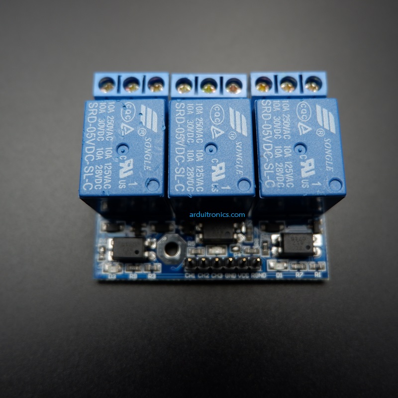 3 Channel Relay Module 5V 10A (หัวรีเลย์ยี่ห้อ Songle รุ่น SRD-05VDC-SL-C)