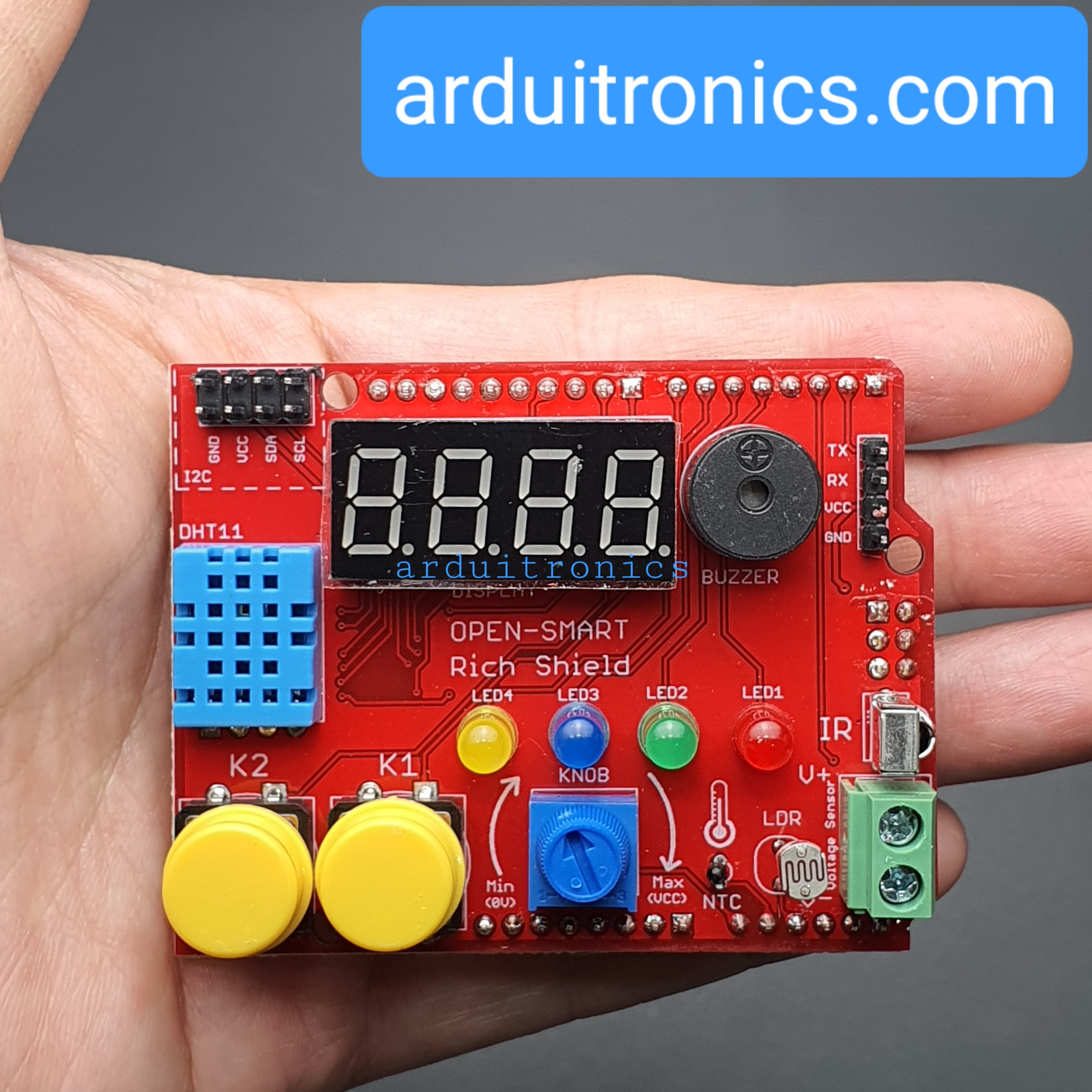 OPEN-SMART Rich Shield (Remote IR Control with receiver, LED, Buzzer, Buttons, Light Sensor, Temperature Sensor)