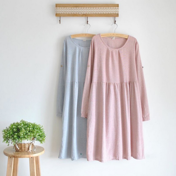 Pre-order เดรสผ้าฝ้ายแขนยาว ผูกเอวด้านหลัง มี 4 สี