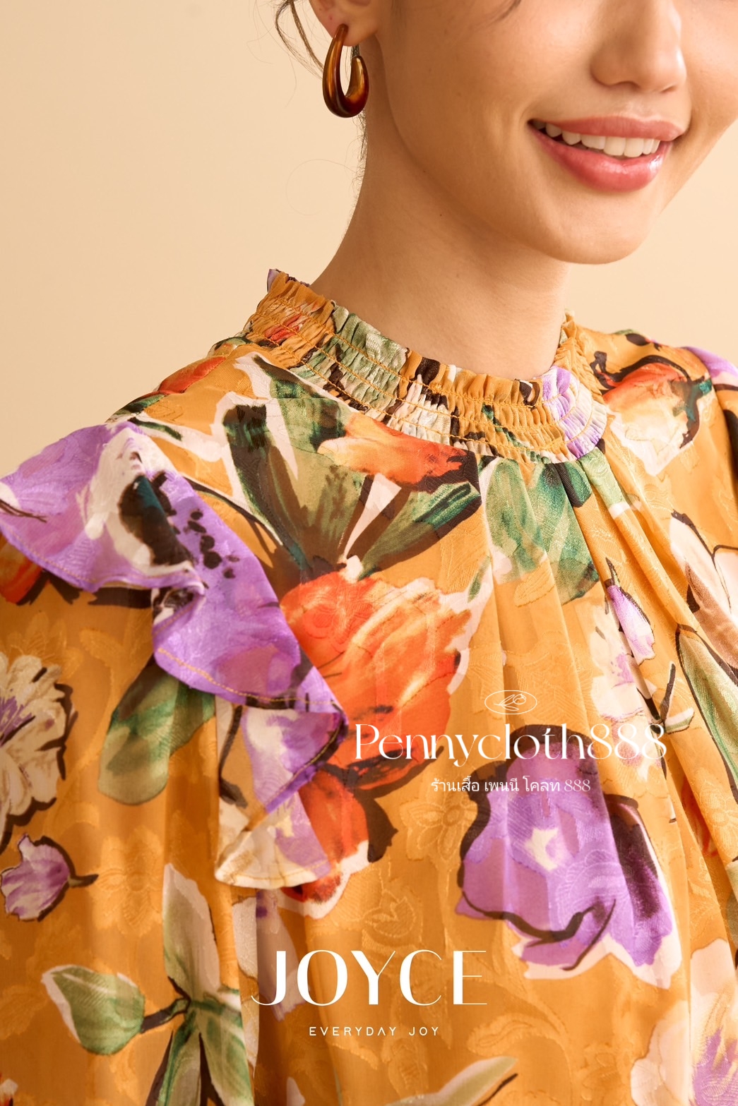 J079 เสื้อ Joyce ชีฟองพิมพ์ลายใหม่ คอกลมเย็บสม็อกมีกระดุมหลัง มีระบายหัวไหล่ มีซับใน แขน 4 ส่วนปลายสม็อก