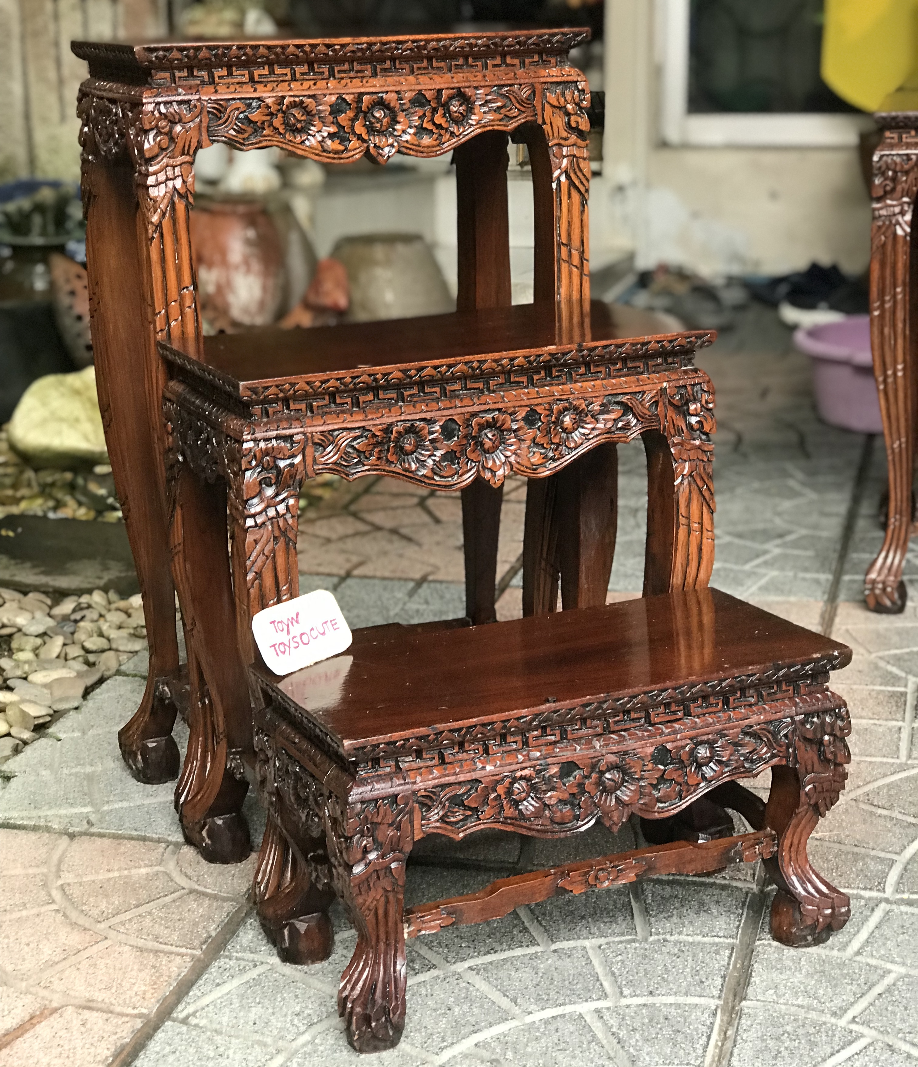 ชุดโต๊ะหมู่บูชา 3 ชิ้น โต๊ะไม้สักขาสิงห์แกะลาย 3 ด้าน Antique Carved teak wood ไม้สักเก่าหนาๆ แข็งแรง ไม่โยก ไม่ผุ