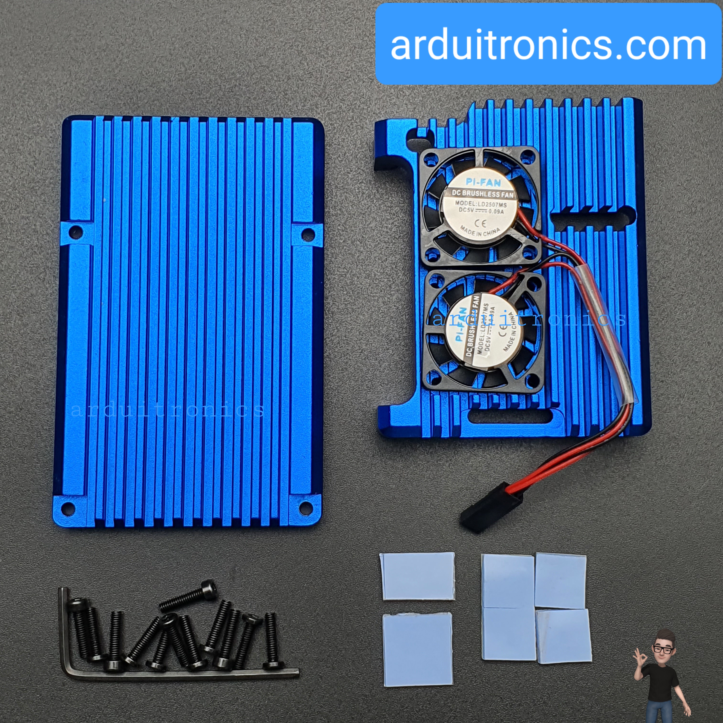 Aluminium Case for Raspberry Pi 4 with Dual Fan (Blue) - สีน้ำเงิน