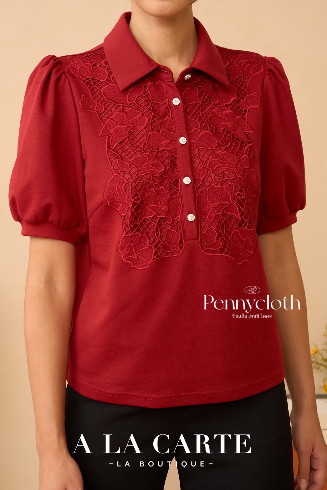 69969 เสื้อยืด A La Carte คอปกโปโล แขนสั้น งานปักฉลุ by PENNY CLOTH อก 38-46"
