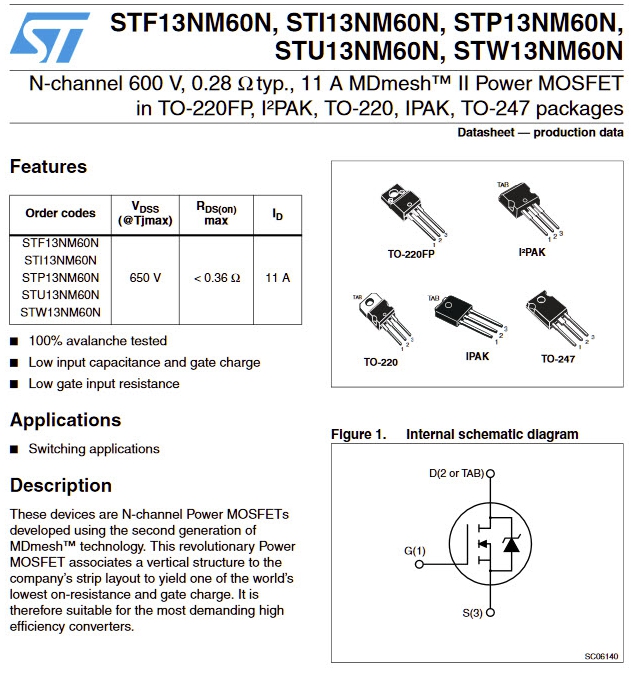 ST: 13NM60N (TO-252) N-channel 600 V, 0.320 Ω, 10 A. Power MOSFET