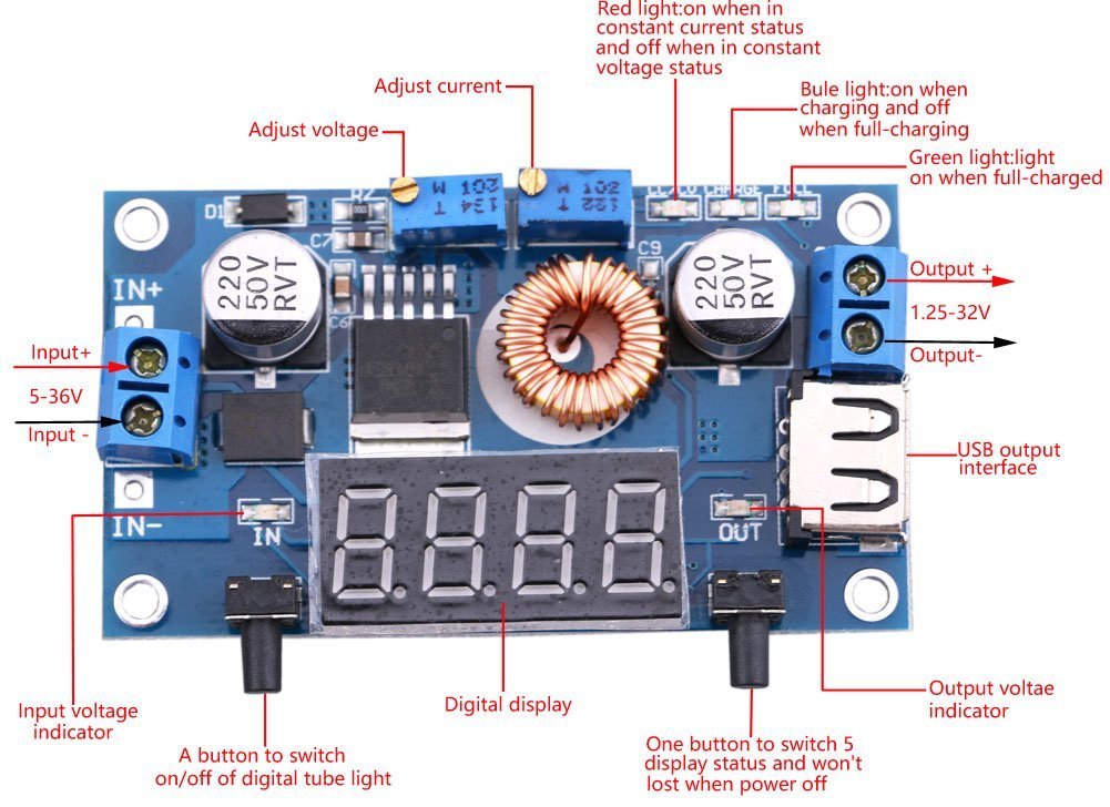 DC-DC Buck Regulator with Red LED Display (Adjustable 5-36V to 1.25-32V Step Down, 5A 75W) Power Supply Module with Voltage/Current