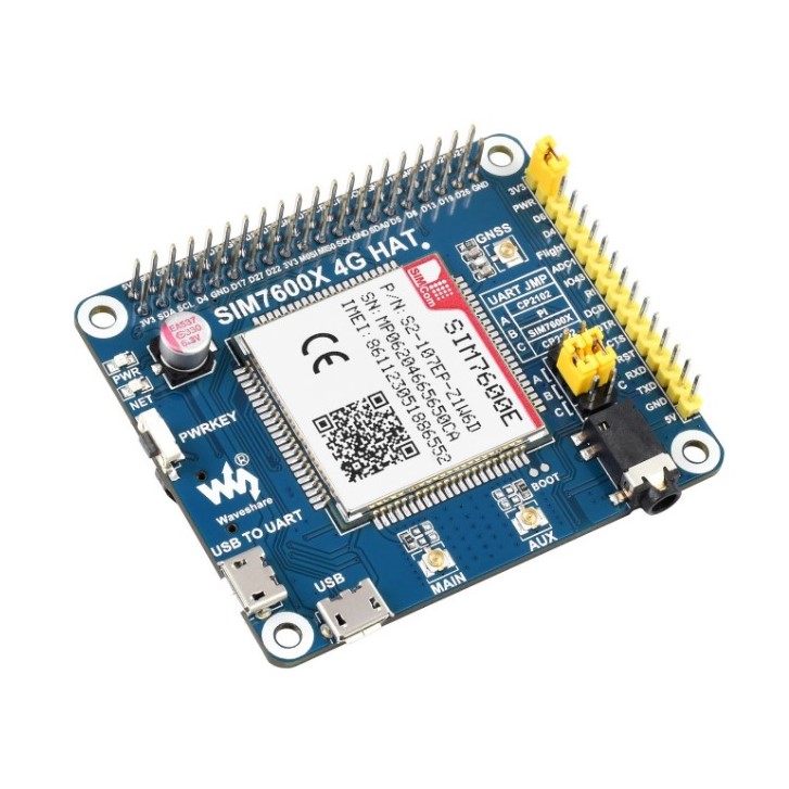 SIM7600E LTE Cat-1 HAT for Raspberry Pi, 3G / 2G / GNSS as well, for Southeast Asia, West Asia, Europe, Africa (Waveshare)