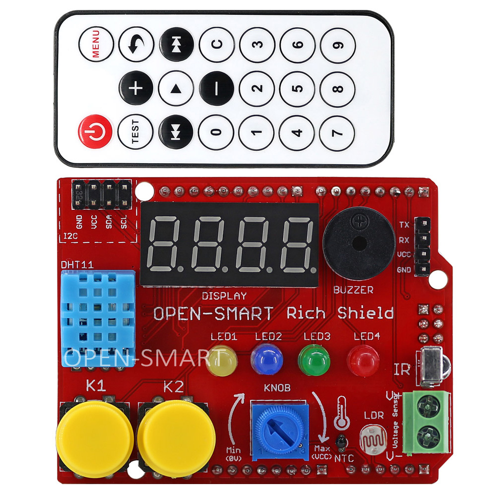 OPEN-SMART Rich Shield (Remote IR Control with receiver, LED, Buzzer, Buttons, Light Sensor, Temperature Sensor)