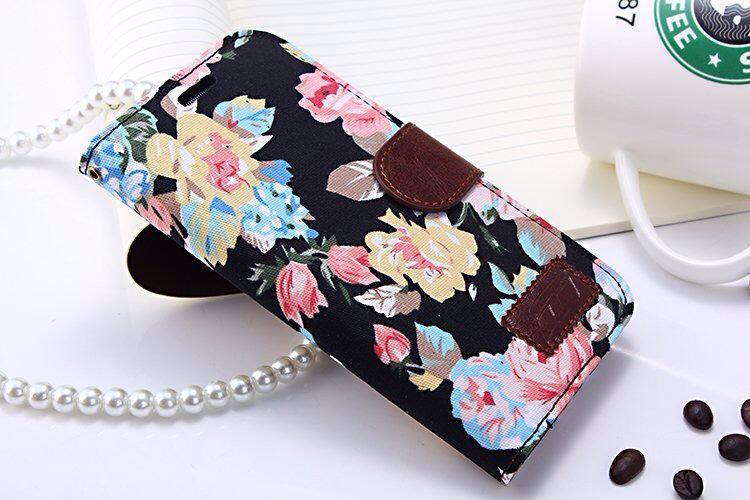 พรีออเดอร์ Flowers Cloth Leather Magnetic Stand Case Cover for Samsung Galaxy Grand 2 G7106 สีดำ