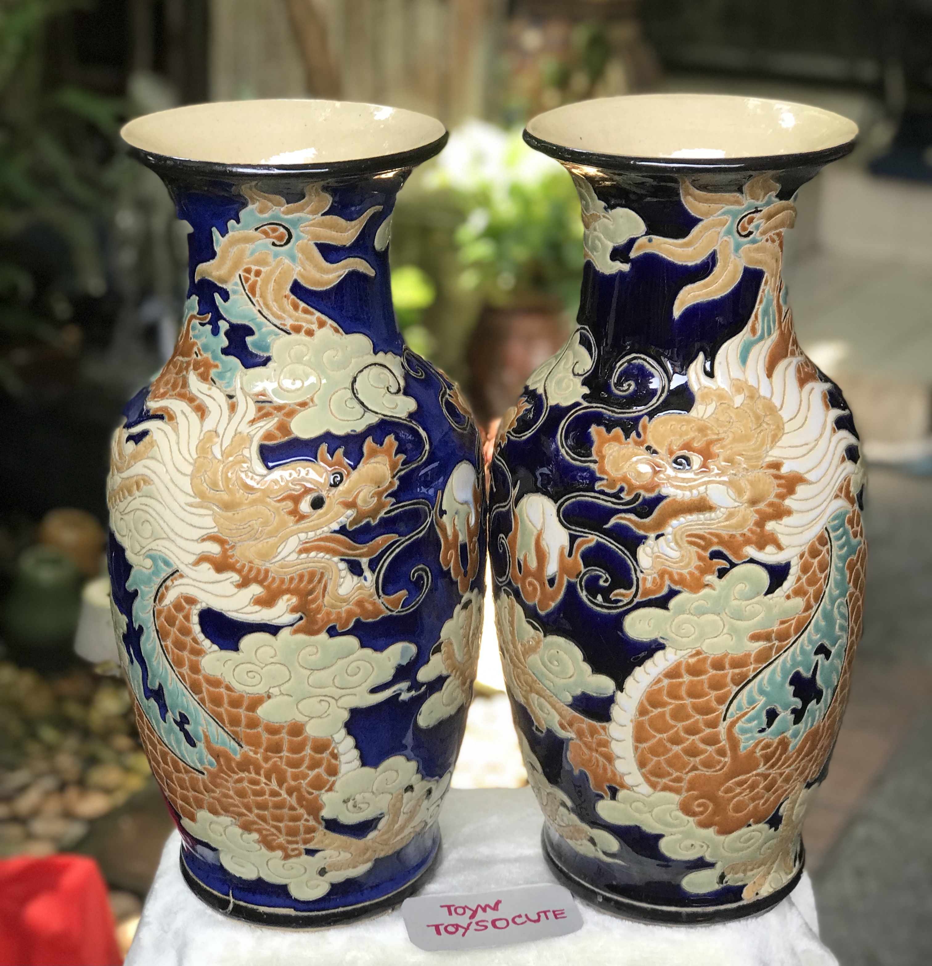 ￼Antique Chinese Vases 1 คู่ แจกันเซรามิคลายมังกรดั้นเมฆ แจกันเซรามิคลายมงคล แจกันดอกไม้ ตกแต่งบ้าน