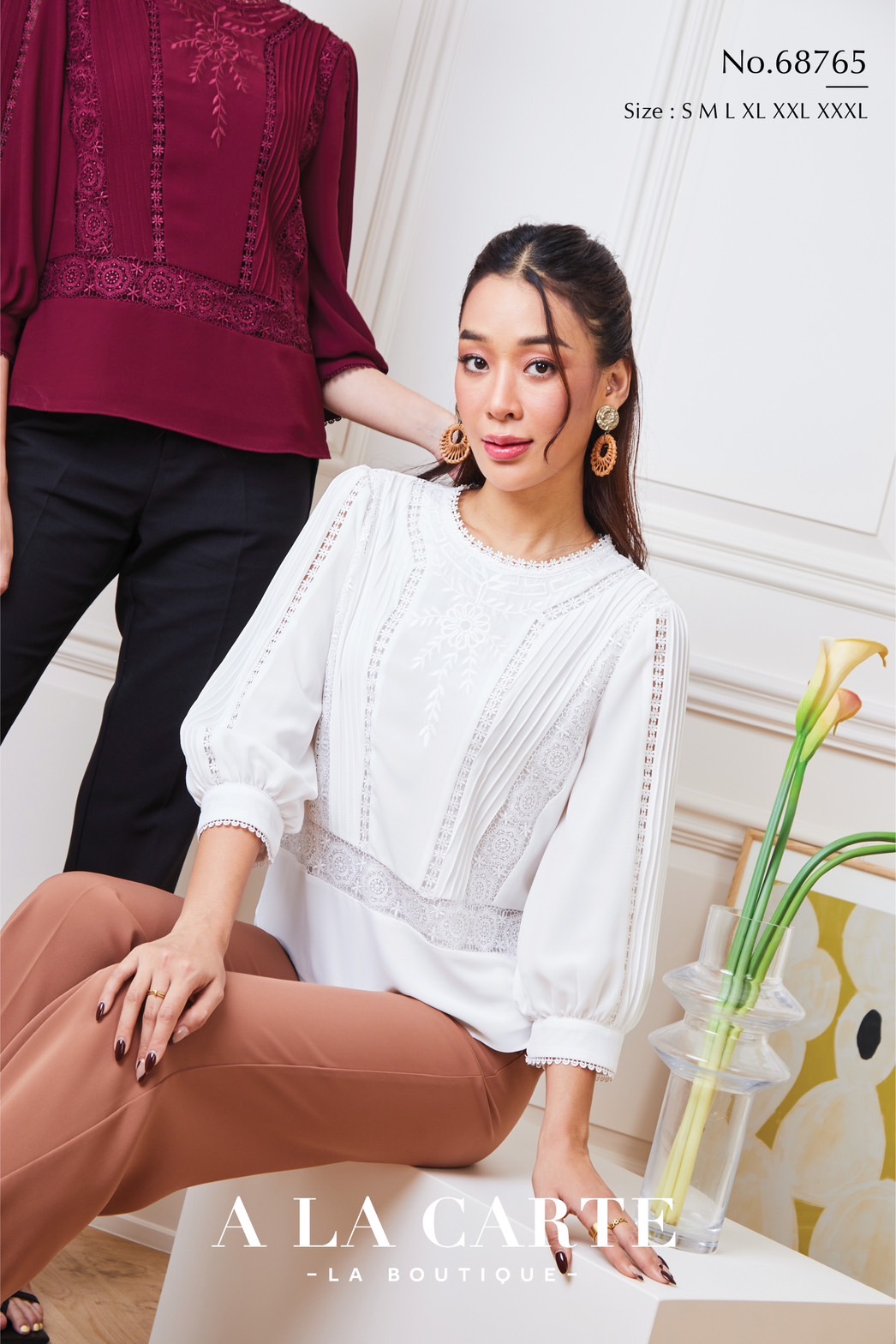 68765 เสื้อชีฟอง A LA CARTE งานปัก แทรกทริม สวยหรู มีซับใน ขนาด 3XL 46" สีขาว แดง เทา