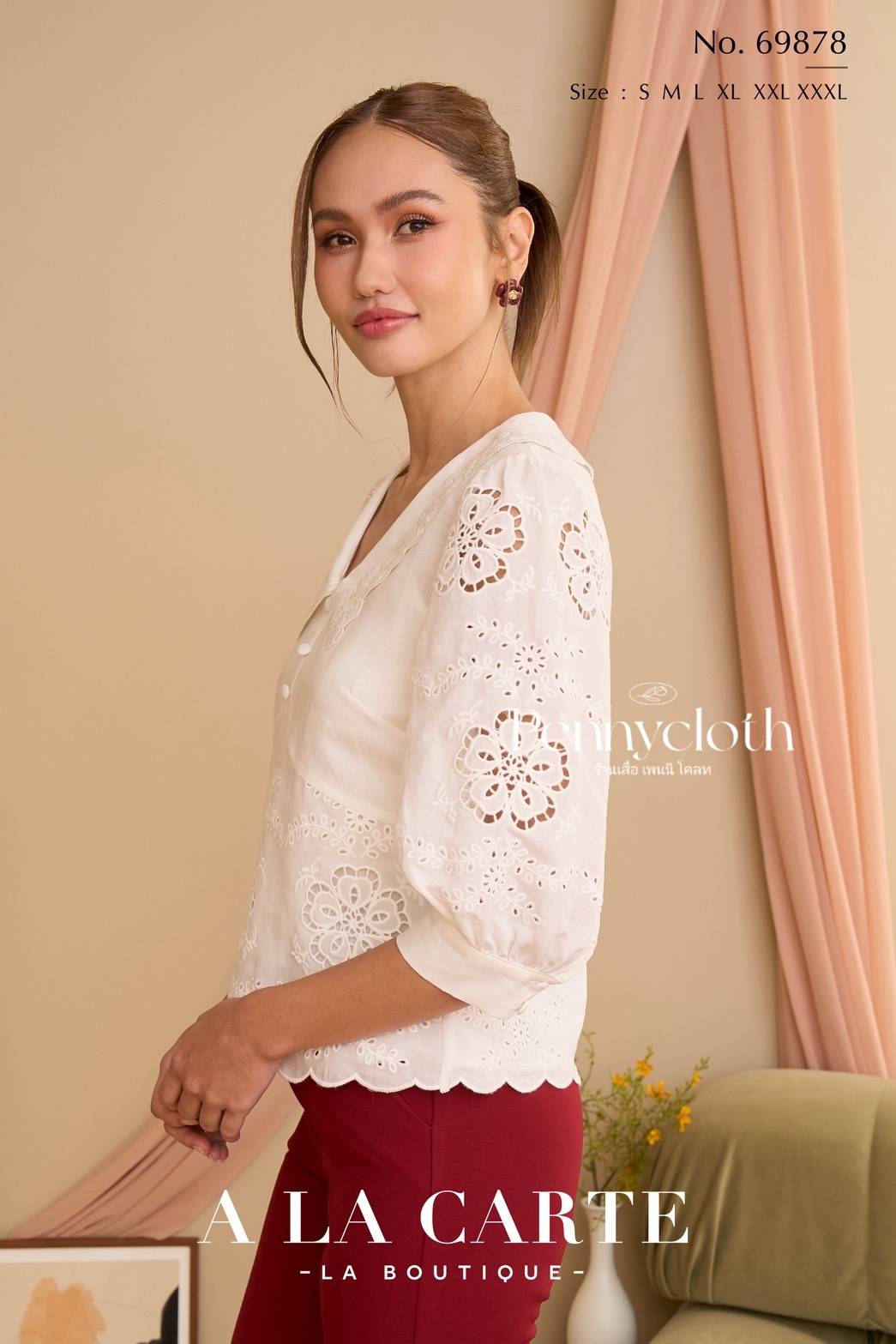 A La Carte รหัส 69878 เสื้อลินินซิลด์ คอปก งานปักฉลุ มีซิปหลัง