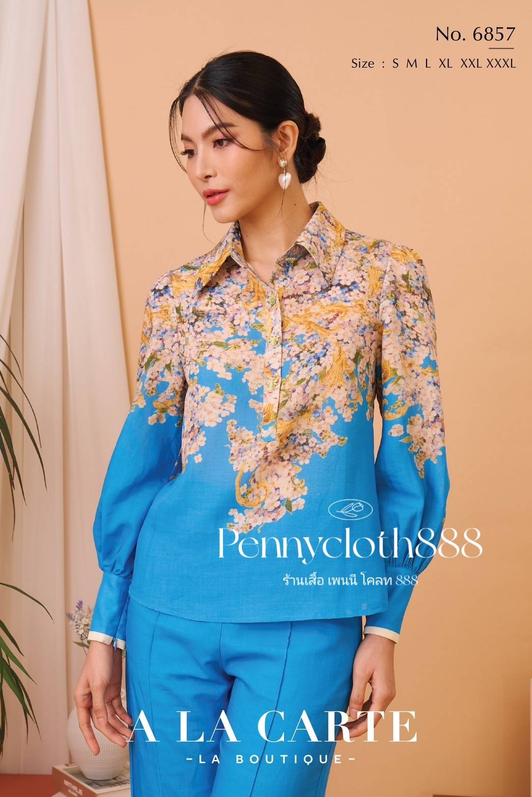 6857A เสื้อเชิ้ต Alacarte ลินินพิมพ์ลายแขนยาว ผ้าเนื้อดีใส่สบาย ไม่ระคายผิว ไม่ซับใน คอปก กระดุมหน้า 4 เม็ด ขอบแขนมีซิป